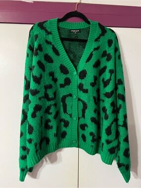 SHEIN Green and Black Leopard Print Button-Up Cardigan